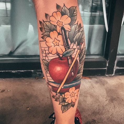 Teacher Tattoos For Women, Tattoos For Teachers, Teacher Tattoo Ideas, Teaching Tattoos, Teacher Tattoo, Burning Hats, Teacher Tattoos, Apple Tattoo, Greek Goddess Of Wisdom