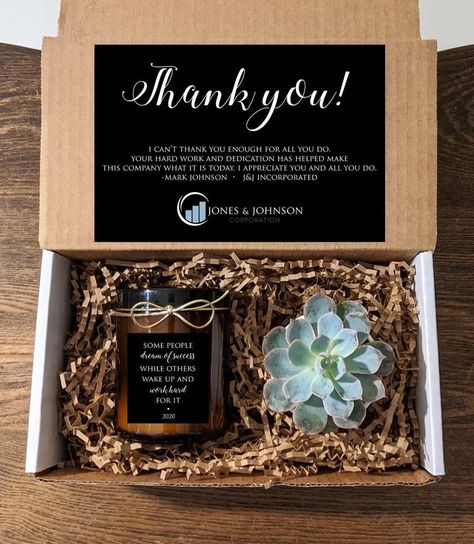 Client gift box with Candle and Succulent. Add Logo. Personalize text and colors. Corporate gift. 8oz Soy Vanilla. Client Gift Box, Gift For Employees, Employee Christmas Gifts, Candle Gift Box, Gift Candle, Employee Appreciation Gifts, Succulent Gifts, Client Gifts, Employee Appreciation