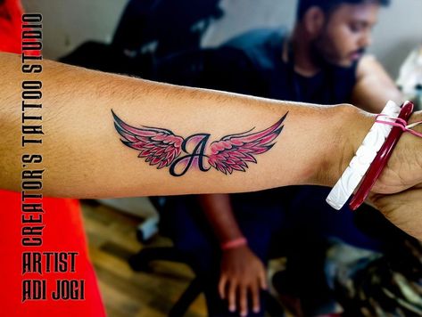 Letter A With Wings Tattoo, Pink Angel Wings Tattoo, Angel With Name Tattoo, Wing Wrist Tattoo, Name With Wings Tattoo, Heart Angel Wings Tattoo, Angel Wings Tattoo Forearm, Papa Memorial, Angel Wing Wrist Tattoo