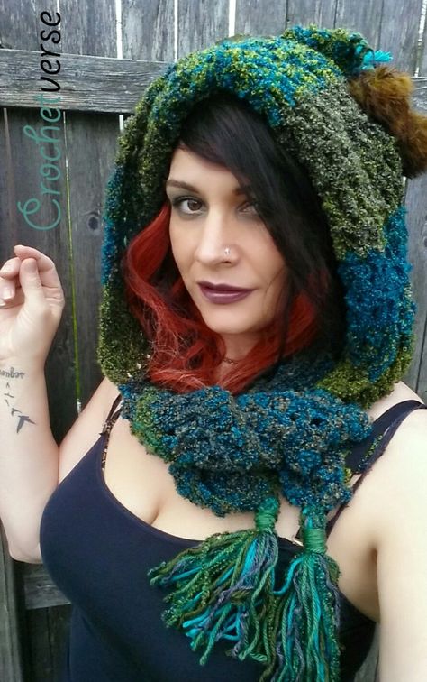 Crochet Scoodie Pattern, Crochet Hooded Scarf Pattern, Hooded Scarf Pattern, Tassels Tutorials, Crochet Adult Hat, Crochet Hooded Scarf, Crochet Hood, Hood Pattern, Pixie Hat