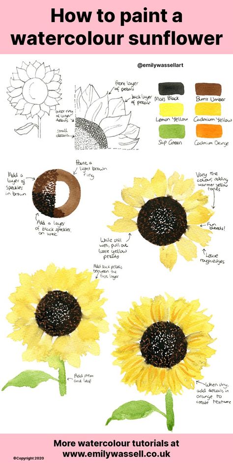 How to Paint A Sunflower in Watercolour - Emily Wassell Paint A Sunflower, Hippie Painting Ideas, Canvas Aesthetic Painting, Sunflower Watercolor Painting, Painting Ideas On Canvas Aesthetic, Painting Hacks, Funny Painting, Summer Sunflower, Learn Watercolor Painting