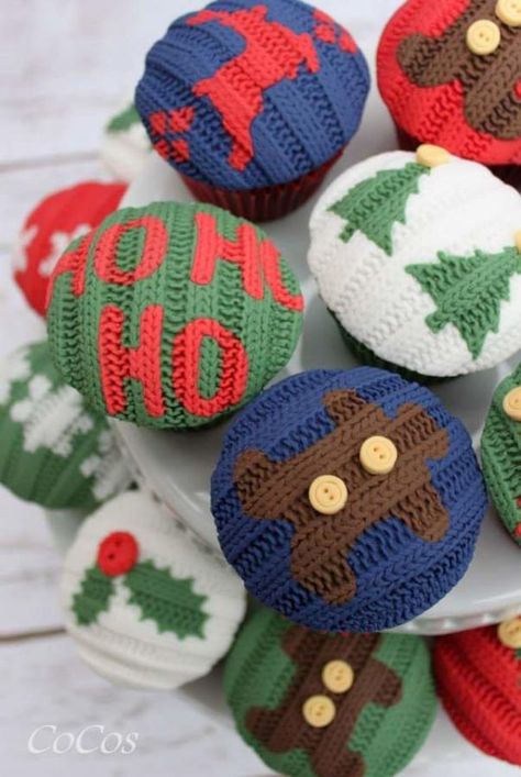 woolly sweater/jumper and sprout christmas cupcakes  - Cake by Lynette Brandl Sweater Cupcakes, Christmas Themed Cupcakes, Christmas Cupcake Cake, Wooly Jumper, Fall Cake, Specialty Cake, Christmas Cupcake, Whoopie Pies, Cute Cupcakes