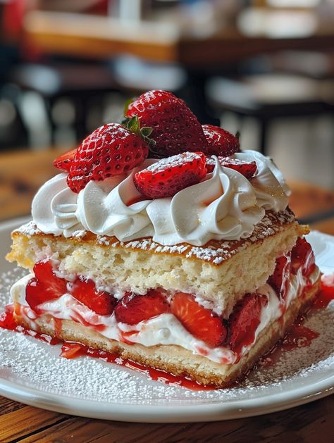 🍓 Slab Strawberry Shortcake 🍓  Enjoy the classic flavors of strawberry shortcake in a convenient slab form!   Ingredients 😂  3 1/2 cups all-purpose flour 🍚 1/2 cup white sugar 🍬 5 teaspoons baking powder 🥄 1/2 teaspoon salt 🧂 1 cup cold butter, cut into cubes 🧈 2 eggs, slightly beaten 🥚 2 cups heavy whipping cream 🥛 4 cups sliced strawberries 🍓 1/4 cup white sugar 🍬 2 cups heavy whipping cream 🥛 1/3 cup powdered sugar 🍬 Strawberry Shortcake Slice, Strawberry Shortcake Dessert, Sliced Strawberries, Coffee Dessert, Whipping Cream, Delicious Snacks Recipes, Homemade Snacks, Heavy Whipping Cream, 2 Eggs