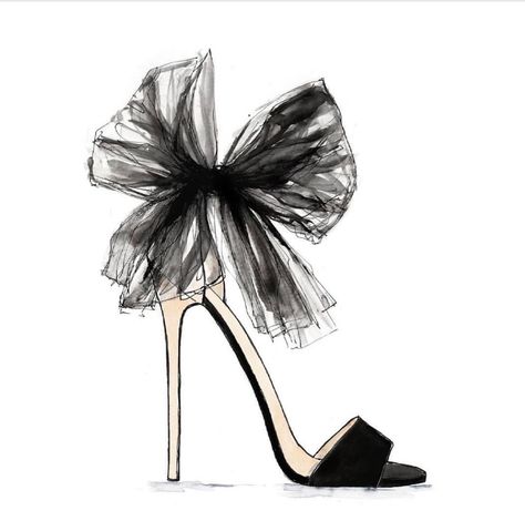 Fashion Canvas Painting, Jimmy Choo Bow, Shoe Illustration, Fashion Illustration Shoes, French Posters, Shoe Sketches, Tulle Bow, Shoes Illustration, Fashion Illustration Dresses