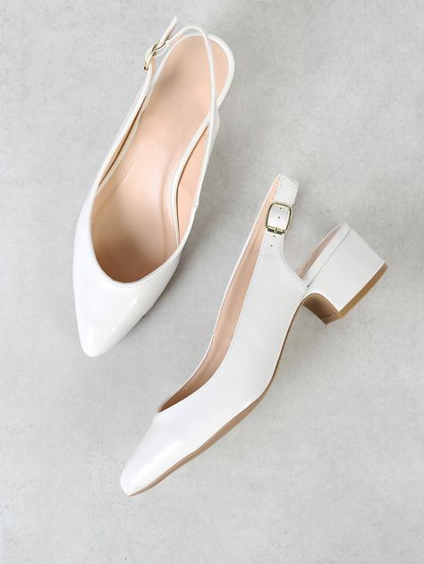 Patent Pointed Toe Slingback Pump WHITE -SheIn(Sheinside) Elegant Shoes Heels, Work Shoes Women, Shoes Socks, Dark Romantic, Mid Heels Pumps, Graduation Dresses, Chic Shoes, Girly Shoes, White Pumps