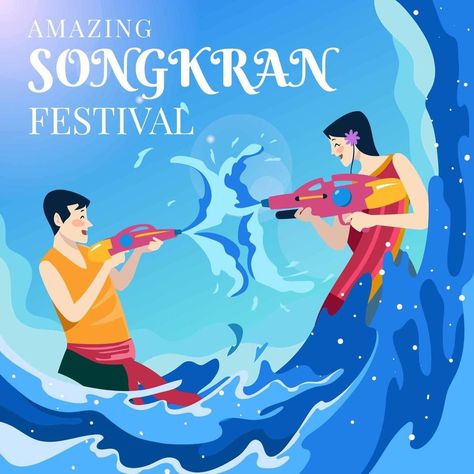 People Playing Water Gun in Songkran Festival Water Festival Poster Design, Water Festival Poster, Environmental Poster, Bee Poster, Environmental Posters, Songkran Festival, Thai Pattern, Festival Theme, Water And Sanitation