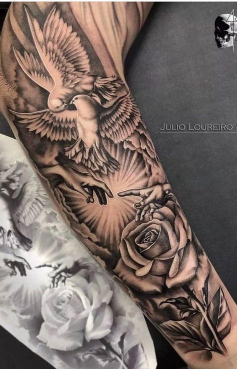 Men’s Outside Bicep Tattoo, God Sleeve Tattoos Women, Forearm Tattoos Men Sleeve, Bicep Sleeve Tattoo Men, Kobe Tattoo, Christus Tattoo, Forearm Cover Up Tattoos, Arm Tattoos For Guys Forearm, Kiss Tattoos