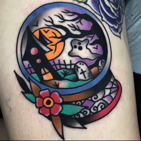 Snow Globe Tattoo, Snowglobe Tattoo, Globe Tattoo, Globe Tattoos, Feather Tattoo Design, Traditional Tattoo Sleeve, Spooky Tattoos, Traditional Tattoo Design, Horror Tattoo