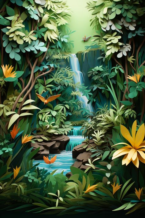 Forest Paper Craft, Paper Jungle, Rainforest Art, Paper Forest, Space Coloring Pages, Cascading Waterfall, Paper Art Sculpture, Cut Out Art, Pop Up Art