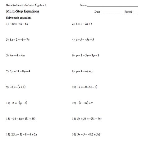 Kuta software - solving multi-step equations - FREE PRINTABLE MATH WORKSHEETS Algebra Equations Worksheets, Solving Algebraic Equations, Multi Step Equations Worksheets, Present Perfect Simple, Pre Algebra Worksheets, Literal Equations, Equations Worksheets, Solving Multi Step Equations, Printable Worksheets For Kindergarten