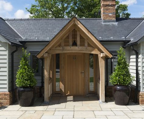 Oak Porch On Bungalow, Raft Foundation, Porch Oak, Bungalow Porch, Meadow Cottage, Timber Frame Porch, Cottage Extension, Border Oak, Cottage Front Doors