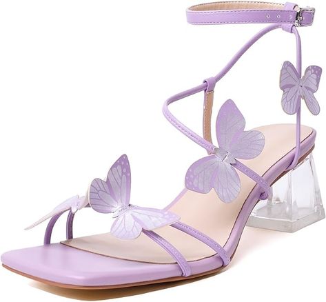 Amazon.com: Zamikoo Women's Heeled Sandals, Square Open Toe Ankle Strap Block Heels, Strappy Butterfly Clear Heels Chunky Low Purple Heels 2 Inches US Size 5 : Clothing, Shoes & Jewelry Quinceanera Shoes, Butterfly Heels, Butterfly Sandals, Butterfly Embellishment, Heels Strappy, Heels Chunky, Clear Block Heels, Purple Heels, Ankle Strap Block Heel