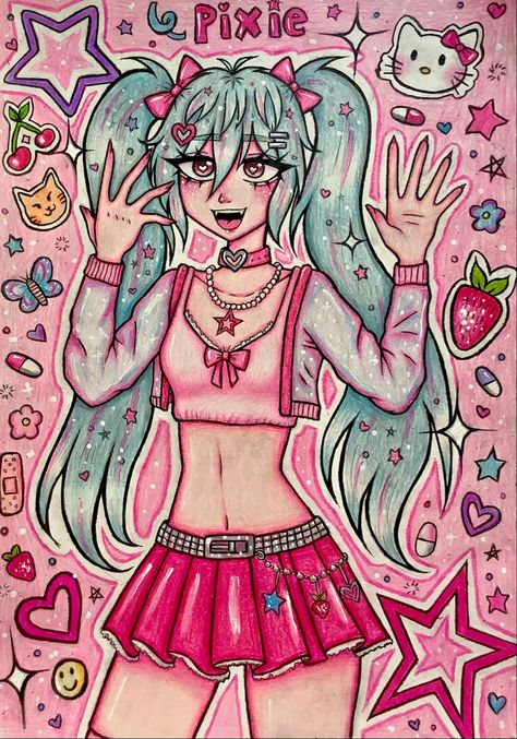 #oc #drawing #sketchbook #sketching #sketch #draw #dibujos Alt Style Drawing, Harajuku Drawing, Gummy Drawing, Pixie Drawing, Drawing Shapes, Scenecore Art, Kidcore Art, Melanie Martinez Drawings, Oc Drawing