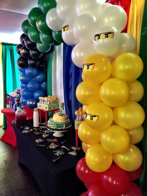 Bryan's 8th Birthday | CatchMyParty.com Ninjago Birthday Decorations, Ninjago Balloons, Diy Lego Party, Ninjago Party Decorations, Ninjago Birthday Party Ideas, Lego Ninjago Birthday Party, Ninja Themed Birthday Party, Lego Party Decorations, Lego Ninjago Party