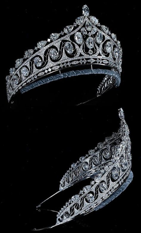 The Brunei Royal Tiara, Flower Diamond of Singapore: White gold, 838 diamonds, all of which are, at minimum, VVS clarity and which total over 132 carats in weight. Single rows of round brilliant and square diamonds; 13 large oval diamonds that radiate from a central arrangement, each of them mounted and connected with curling gold filigree; and 16 ample pear-cut diamonds at the top,...#of #Fashion #Jewelry #A #of #Symbol #Gemstone #Allure #Timeless #The #Gold #and #Elegance #Jewelry #Prestige Ethereal Jewelry, Queens Tiaras, Royal Crown Jewels, Crown Aesthetic, Tiaras Jewellery, Beautiful Tiaras, Royal Tiaras, Diamond Tiara, Diamond Crown