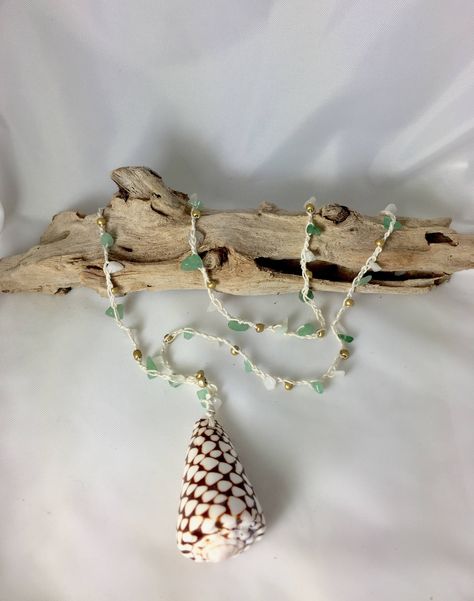 hand-crocheted-and-beaded-long Hebrew Cone shell necklace Hebrew Cone Shell, Cone Shell, Shell Pattern, Shell Necklace, Jewelry Brand, Shell Necklaces, Beach Jewelry, Hand Crochet, Jewelry Branding