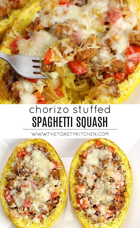 Chirozo Recipes, Easy Meal For Two, Recipes With Chorizo Sausage, Chorizo Spaghetti, Chorizo Recipes Dinner, Recipes Using Pork, Chipotle Salsa, Stuffed Spaghetti Squash, Spaghetti Squash Recipe