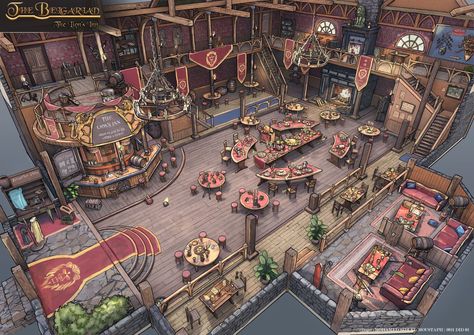 ArtStation - The Lion's Inn Cutaway, (Roger) Mohamed Sidi El Moustaph Fantasy Inn Interior, Inn Interior, Fantasy Inn, Interior Concept Art, Adventurer's Guild, Dnd World Map, Minecraft Interior Design, Perspective Drawing Architecture, Fantasy Rooms