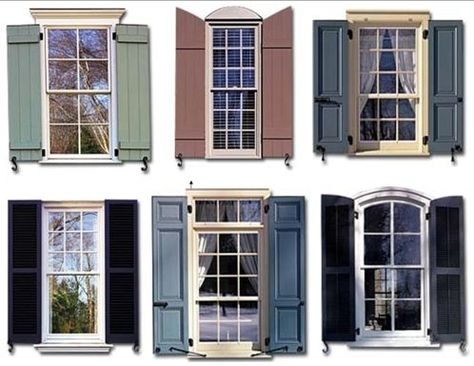 Shutter styles, like the first one to the left Windows With Shutters, Window Shutters Exterior, Outdoor Shutters, Shutter Colors, Green Shutters, Exterior Window, Shutter Designs, House Shutters, Window Trim Exterior