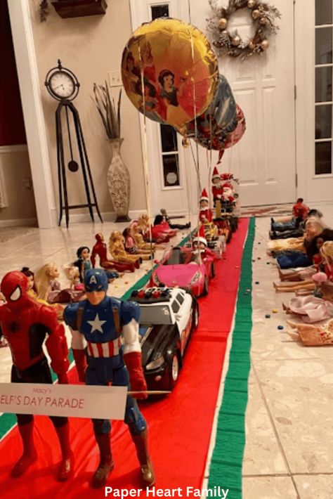 Elf On The Shelf Christmas Parade, Thanks Giving Elf On The Shelf, Elf On The Shelf Parade Ideas, Elf On The Shelf Macys Day Parade, Elf On The Shelf Arrival Box Ideas, Elf Parade Ideas, Elf On The Shelf Parade Float Ideas, Elf On Shelf Disney Ideas, Elf On The Shelf Christmas Caroling Ideas