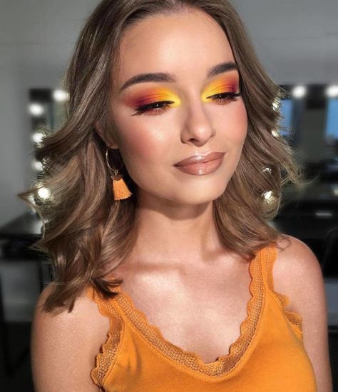 Yellow Orange Makeup Looks, Red And Yellow Makeup Looks, Haldi Eyeshadow Look, Eye Makeup For Yellow Outfit, Yellow Orange Eye Makeup, Yellow Orange Makeup, Hecate Cosplay, Tropical Makeup Look, Orange Makeup Looks