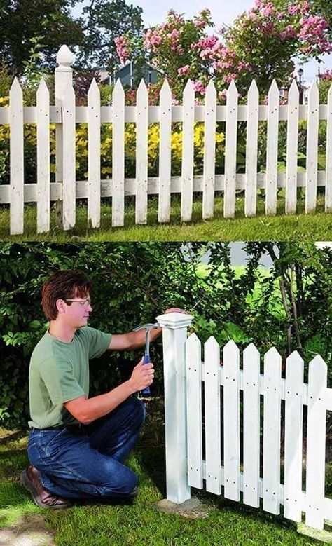 Fence Planning, Diy Backyard Fence, Fence Diy, Fenced Vegetable Garden, Yard Diy, Diy Garden Fence, Picket Fences, Simple Garden, White Fence