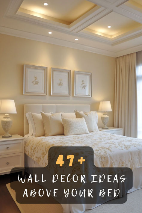 Discover 47 stunning wall decor ideas to enhance the space above your bed. From elegant artwork to creative DIY projects, these designs elevate your bedroom style. Click to explore these inspiring ideas and create a cozy, personalized retreat! 🛏️🎨 #BedroomDecor #WallArt #AboveBedDesign #CreativeDIY #BedroomStyle #HomeInspo #InteriorDesign Set Of 3 Wall Art Bedroom Above Bed, Picture Over King Size Bed, Wall Art Over Master Bed, Couple Above Bed Decor, What To Put Over Bed On Wall, Wall Molding Behind Bed, What To Put Above Bed On Wall, Ideas For Over The Bed Decor, Over Headboard Decor