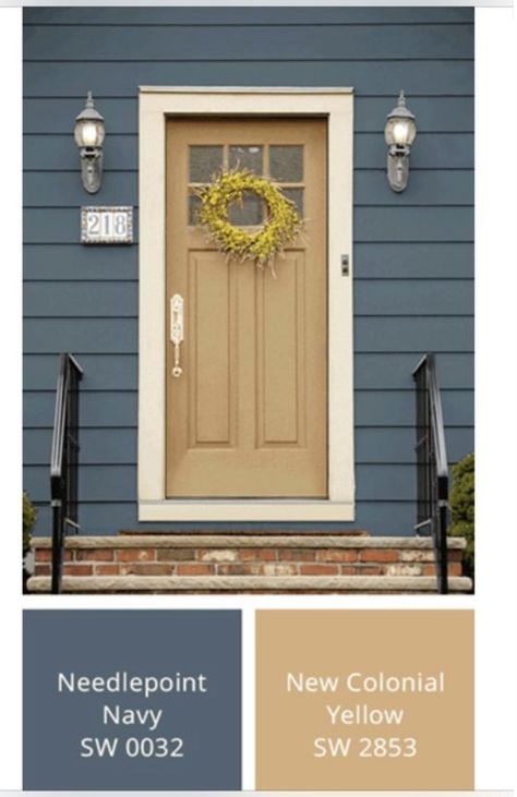 Navy Blue House Front Door Color, Navy Blue Craftsman Exterior, Tan House Blue Door, Blue Craftsman Exterior, Blue House Yellow Door, Yellow Exterior House Colors, Beach Paint Colors, Yellow Front Door, Painted Exterior Doors