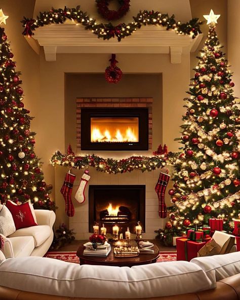 The Magical Holidays of Christmas & Winter ⛄️❄️🎄🎅🏻 | ❤️❤️❤️❤️ Cozy Christmas Decor, Christmas Fireplace Decor, Traditional Christmas Decorations, Creative Christmas Trees, Christmas Decor Inspiration, Christmas Mantel Decorations, Christmas Themes Decorations, Christmas Interiors, Traditional Christmas Tree