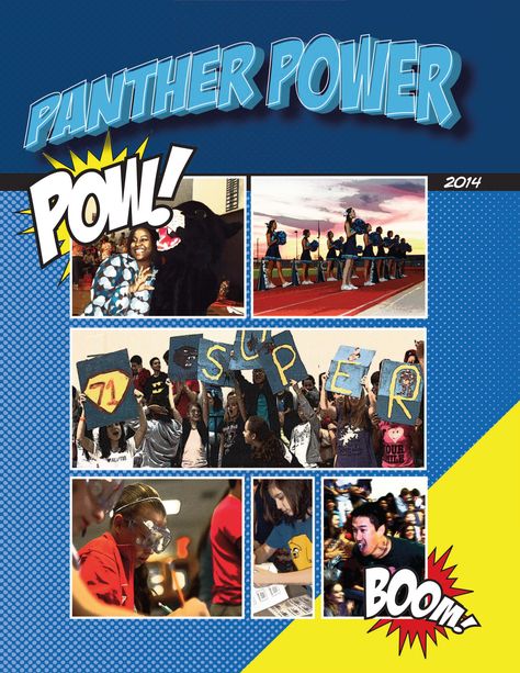 Ridgeview Middle School / "Panther Power" 80s Yearbook Theme, Comic Book Yearbook Cover, Comic Book Yearbook Theme, Comic Book Yearbook, Yearbook Page Layout, Retro Yearbook Theme Pages, Middle School Yearbook, Yearbook Covers Design, Yearbook Template