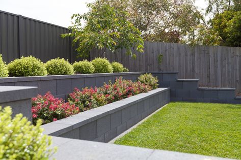 Corner Lot Retaining Wall, Concrete Block Retaining Wall Ideas, Small Garden Retaining Wall, Landscape Remodel, Yard Renovation, Small Retaining Wall, Retaining Wall Ideas, Backyard Retaining Walls, Retaining Wall Design