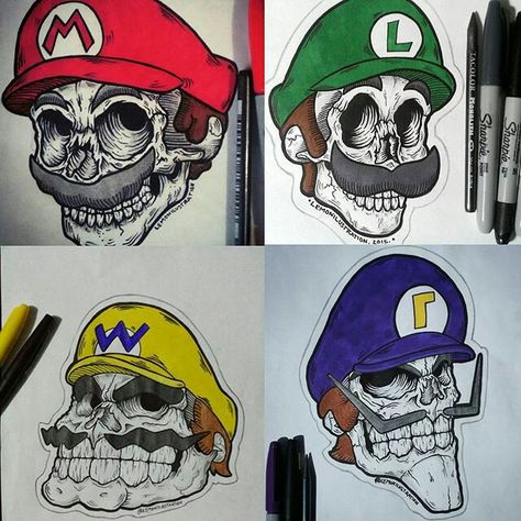 Mario, Luigi, Wario, and Waluigi tattoo ideas. Luigi Hat Tattoo, Waluigi Tattoo, Luigis Mansion Tattoos, Mario And Luigi Tattoo, Mario And Luigi Tattoo Ideas, Luigi Tattoo, Mario Villains Drawing, Luigi Tattoo Ideas, Wario Waluigi Tattoo