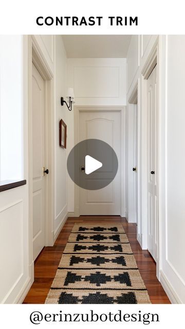 Erin Zubot • HOME DESIGN & DIY on Instagram: "We painted our whole main floor Valspar Swiss Coffee and the trim in Benjamin Moore Edgecomb Grey when we moved in 4 years ago and I’m so happen we warmed up all that white with some darker trim.  It’s the most impactful here in the hallway where there are lots of doors!   In my house I have different coloured trim in pretty much every room so to say I have embraced contrast trim is an understatement.   If you worry about it being a trendy choice, I would argue that painting trim white was a trend.  Contrast trim has been around forever and is just having a moment again but it is a classic choice.   Would you (have you?) tried this?   #paintcolorideas #contrasttrim #designtips" Different Colour Trim, Contrast Trim In Kitchen, White Walls Cream Trim, Painted Trim White Walls, White Wall Colored Trim, Beige Trim White Walls, Painted Doors And Trim, Painted Trim Darker Than Walls, Contrast Trim Colors