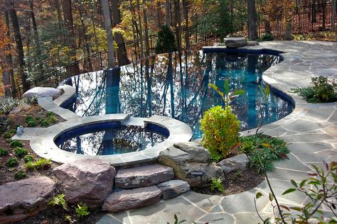 PLUSEN created a master plan for a 6-acre property that contains the quintessential Virginia landforms: rolling pasture land, protected stream corridor Pool Under Trees, Pool Near Driveway, Curvy Pool Design, Pools On A Sloped Yard, Pool In Woods, Pools Built Into Hillside, Rustic Pool Ideas, Raised Pool Ideas, Multi Level Pool