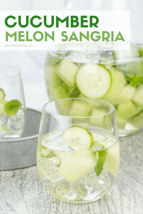 This Cucumber Melon Sangria recipe is a white wine sangria filled with juicy honeydew melon, crisp cucumber slices and fresh mint leaves and is a deliciously refreshing cocktail for summer. Double the recipe and serve this batch cocktail for your next party! #whitewinesangria #batchcocktail Melon Sangria, White Wine Sangria, Wine Sangria, Sangria Wine, Cucumber Slices, Wedding Drinks, Batch Cocktails, Cocktail Ideas, Sangria Recipe