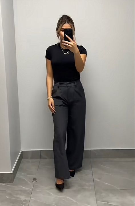 Black bodysuit outfit, pointed toe heels, wide leg pants, effortless pants, grey dress pants, clean girl aesthetic, dark feminine aesthetic Aesthetic Dark Feminine, Girl Aesthetic Dark, Black Bodysuit Outfit, Grown Style, Black Work Outfit, Effortless Pants, Corporate Girly, Dark Grey Dress Pants, Black Pants Outfit