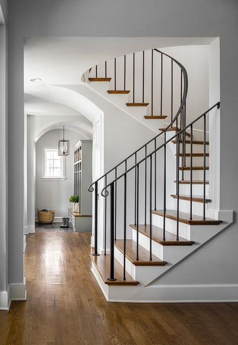 Wrought Iron Staircase Railing - Transitional - Entrance/foyer Iron Staircase Railing, Wrought Iron Staircase, Iron Staircase, Iron Stair Railing, Wrought Iron Stairs, Stair Railing Design, Staircase Remodel, Stairway Design, Staircase Decor