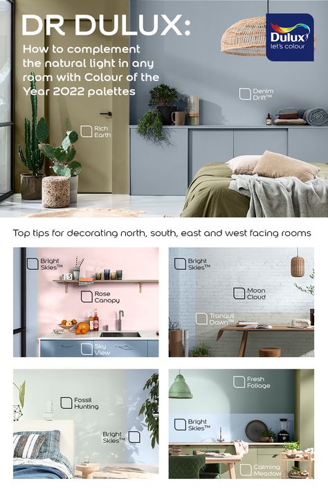 How to use the Colour of the Year 2022 palettes to complement the natural light in your home Dulux Bright Skies Bedroom, Blue Color Palette Living Room, Colour Of The Year 2022, Tutorial Eyeliner, Color Palette Living Room, Cat Tembok, Dulux Paint, Hunting Room, Fossil Hunting