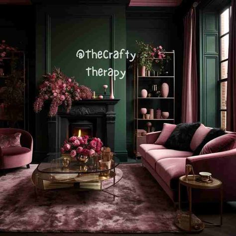 Pink and green living room, sitting room decoration ideas @thecraftytherapy Green And Pink Sitting Room, Dark Green Pink Living Room, Pink And Green Lounge Ideas Living Rooms, Dark Pink Room Decor, Pink Walls Green Furniture, Forest Green And Pink Living Room, Pink Green Living Room Ideas, Dark Green And Pink Office, Dark Green And Pink Room