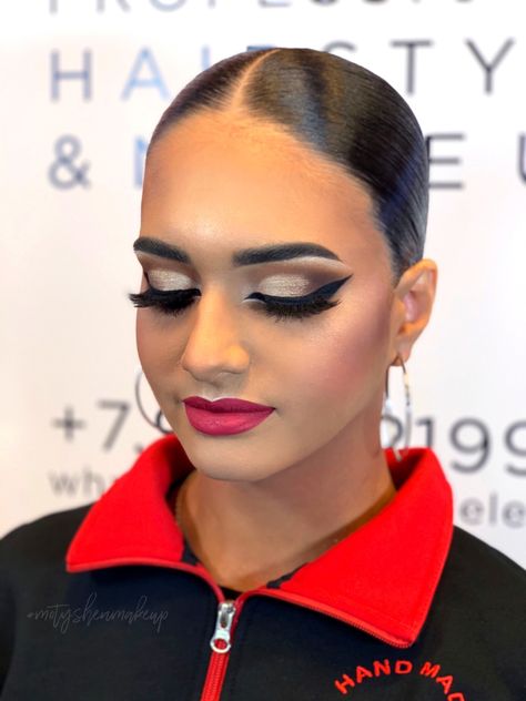 Ballroom dance makeup motyshenmakeup Stage Eye Makeup Dance, School Dance Makeup, Ballroom Dance Makeup, Ballroom Competition Makeup, Latin Ballroom Hairstyles, Dance Competition Makeup, Ballroom Makeup, Ballroom Dancing Hairstyles, Dance Competition Hair