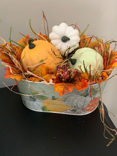 Tin Pails Ideas Buckets, Tin Bucket Fall Decor Ideas, Pumpkin Bucket Decor, Galvanized Bucket Decor, Galvanized Bucket With Pumpkin, Crafts With Dollar Tree Small Metal Bucket, Pumpkin Bucket Crafts, Small Metal Bucket Crafts, Diy Vintage Pumpkin Bucket