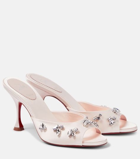 Degraqueen 85 embellished crêpe mules in pink - Christian Louboutin | Mytheresa Louboutin Online, Minimal Shoes, Mid Heel Sandals, Shoe Inspiration, Wedding Heels, Evening Shoes, Dream Shoes, Sandal Fashion, Louboutin Shoes