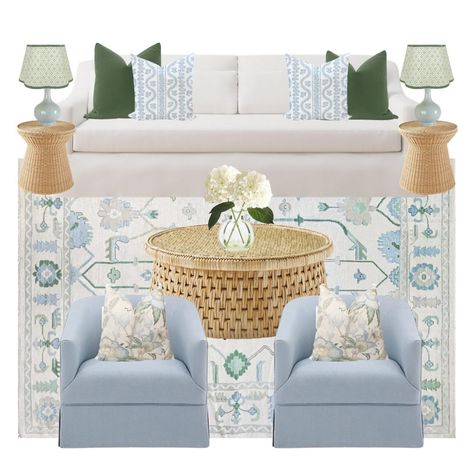 Living room mood board bringing in all the blue and green 🫶🏻 . . . #grandmillenialdecor #grandmillenialdesign #grandmillenialchic #grandmillenial #grandmillenialstyle #coastalgrandmother #coastalgrandma #classichomedecor #traditionalhome #livingroomdecor Blue And Green Living Room Color Scheme, Grandmillenial Living Room, Living Room Blue And White, Green Living Room Color Scheme, Living Room Mood Board, Blue And Green Living Room, Room Mood Board, Living Room Blue, Grandmillenial Style