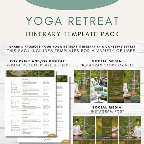 Yoga Retreat Planning Itinerary Template Pack for Print, Website and Social Media | Yoga Retreat Promotion Instagram Post, Reel and Story Retreat Itinerary, Retreat Planning, Best Landing Page Design, Instagram Font, Teacher Templates, Instagram Promotion, Vacation Itinerary, Event Template, Agenda Template