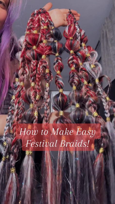 here is a glimpse into my braid making process! Prepping the set is th... | rave braids | TikTok Festival Hair Braids Tutorials, Braids With Fake Hair Hairstyles, Diy Festival Hair Extensions, Rave Braids Festival Hair Extensions, Rave Braids Festival Hair Red, Rave Extension Braids, Rave Braids Festival Hair Tutorial, Diy Festival Braids, Diy Rave Hair Extensions