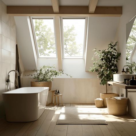 Bathroom Inspiration Scandinavian, Scandinavian Interior Bathroom, Bathroom Attic, Attic Bathroom Ideas, Loft Garage, Scandinavian Bathroom Design, Bungalow Bathroom, Tub Design, Tub Ideas