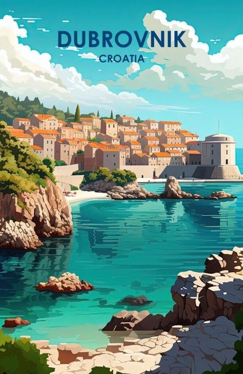 Dubrovnik Illustration, Europe Postcard, Croatia Poster, City Posters, Cards Poster, Wanderlust Decor, City Cartoon, Retro Travel Poster, Landscape Art Painting