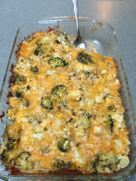 Broccoli, Potato, Cauliflower, Chicken Casserole!! Adjustments: I grated one russet potato, used 2 heads of raw broccoli crowns and 1/2 of a cauliflower, added an extra tablespoon of mayo, and added 3/4 cup of Greek yogurt. I also added some leftover rotisserie chicken. My husband said it was the best casserole he has ever had! Chicken Broccoli Cauliflower Casserole, Rotisserie Chicken Broccoli, Broccoli Cheese Potato, Chicken Broccoli Cauliflower, Cheese Potato Casserole, Broccoli Cauliflower Casserole, Broccoli And Potatoes, Cheese Potato, Raw Broccoli