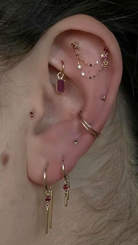 Interesting Ear Piercings, Stack Ear Piercings, Fun Ear Piercings, Celestial Ear Curation, Ear Piercings Stack, Eat Curation, Piercings Both Ears, 3 Helix Piercing, Witchy Piercings