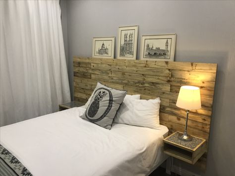 Headboard With Floating Shelves, Pallet Wood Headboard, Floating Headboard, Wood Headboard, Spare Bedroom, Pallet Wood, Sunset Beach, Headboards, Wood Pallets